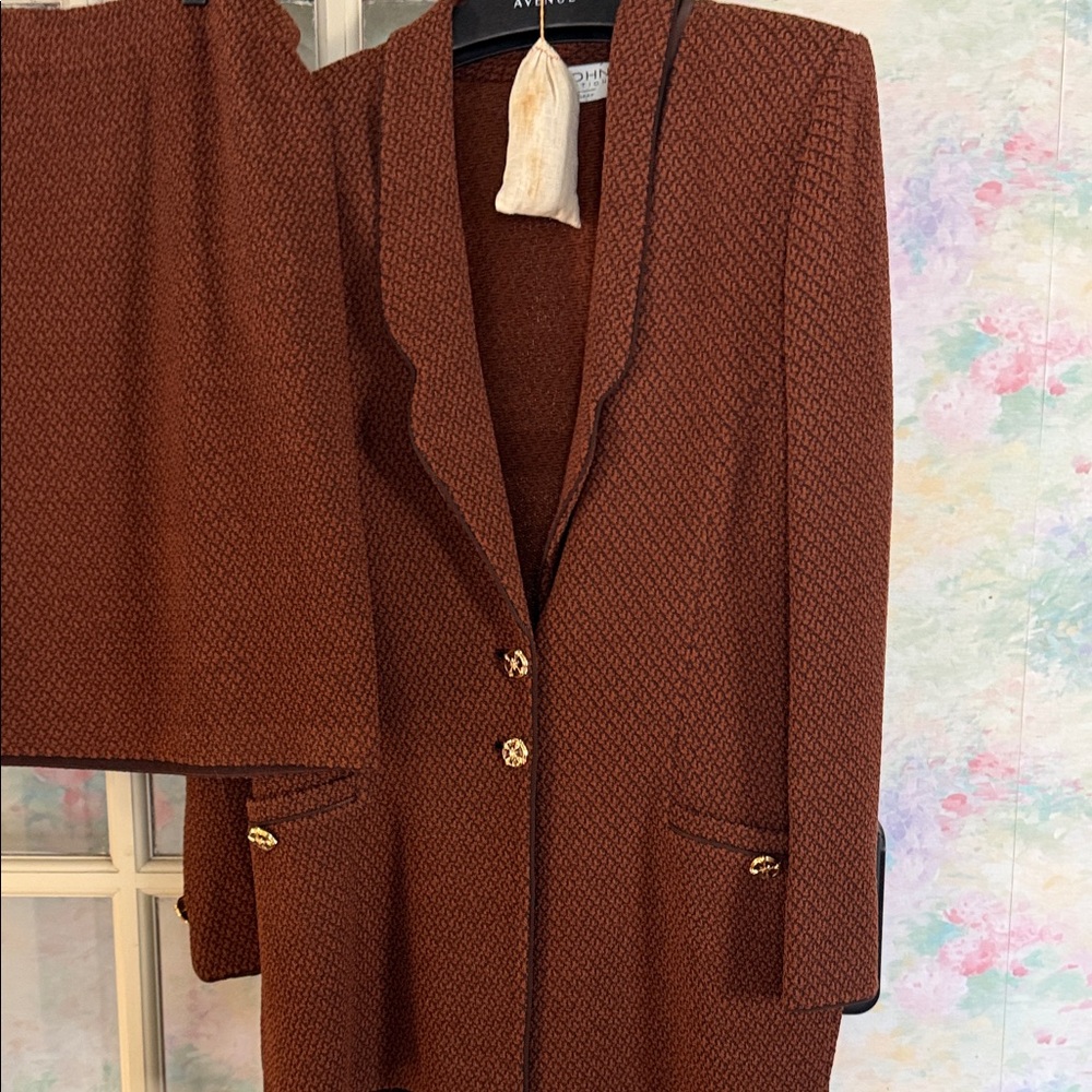 St. John Collection Rich Brown Skirt and Jacket Set with Gold Accents